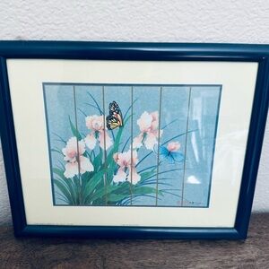 Vintage Blue Framed Butterfly Floral Art